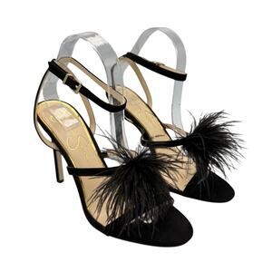 Jessica Simpson Black Jenevya Feather Pom Pom Strappy High Heel Stiletto Sandals